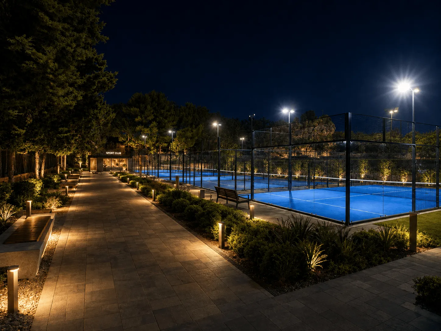 Elaborazione dello scenario «Campi da padel o tennis»: mostra un'ipotesi di riuso, non lo stato attuale dei luoghi.